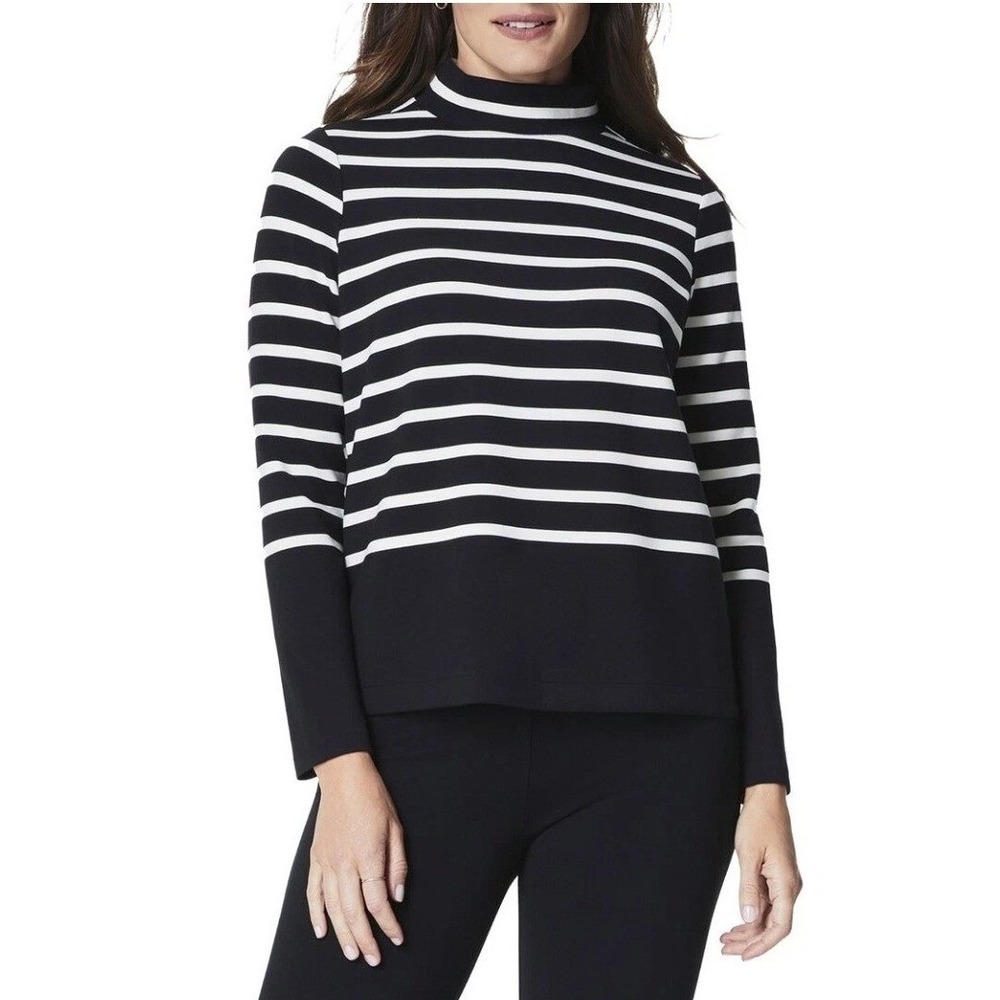 SPANX AirEssentials Mock Neck Striped Long Sleeve Pullover Top S Black Porcelain